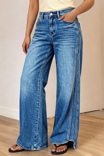 Wash Seam Side Split Hem High Rise Wide Leg Jeans