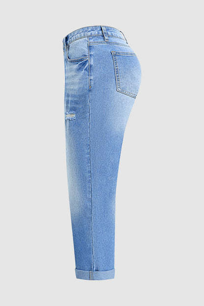 Wash Ripped Roll Hem Button Fly Mid Rise Straight Leg Crop Jeans