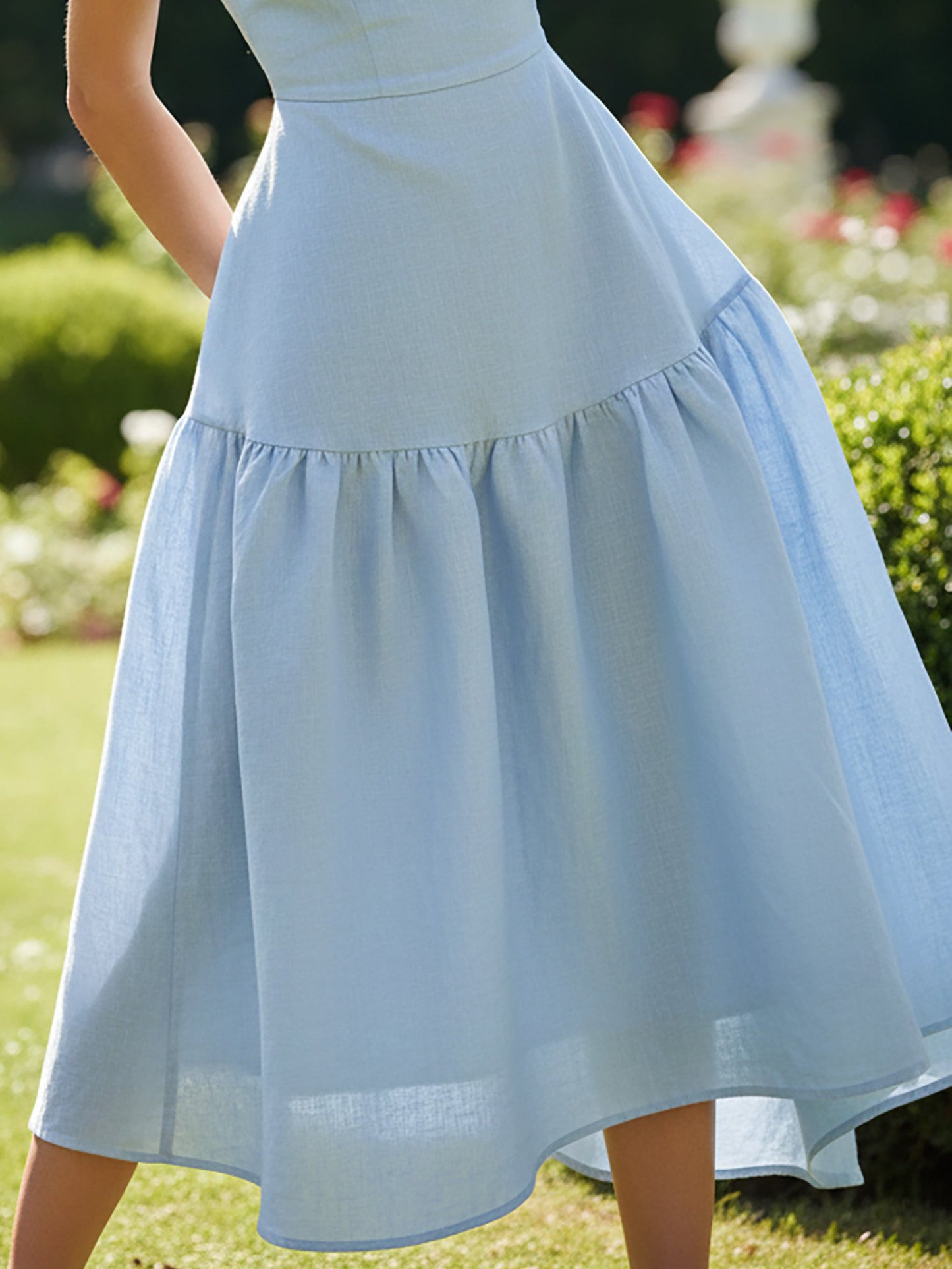Robe midi en lin, sans manches, col en V, unie, avec nœud, style vintage français, bleue