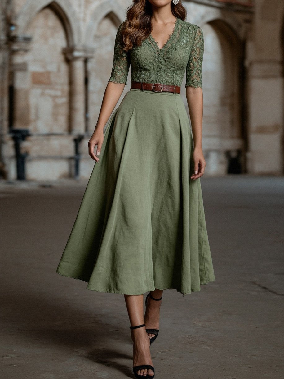 Robe Midi en Lin, Manches Courtes, Col V, Unie, Dentelle, Vintage, Vert Militaire