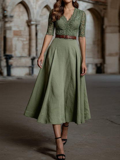 Robe Midi en Lin, Manches Courtes, Col V, Unie, Dentelle, Vintage, Vert Militaire