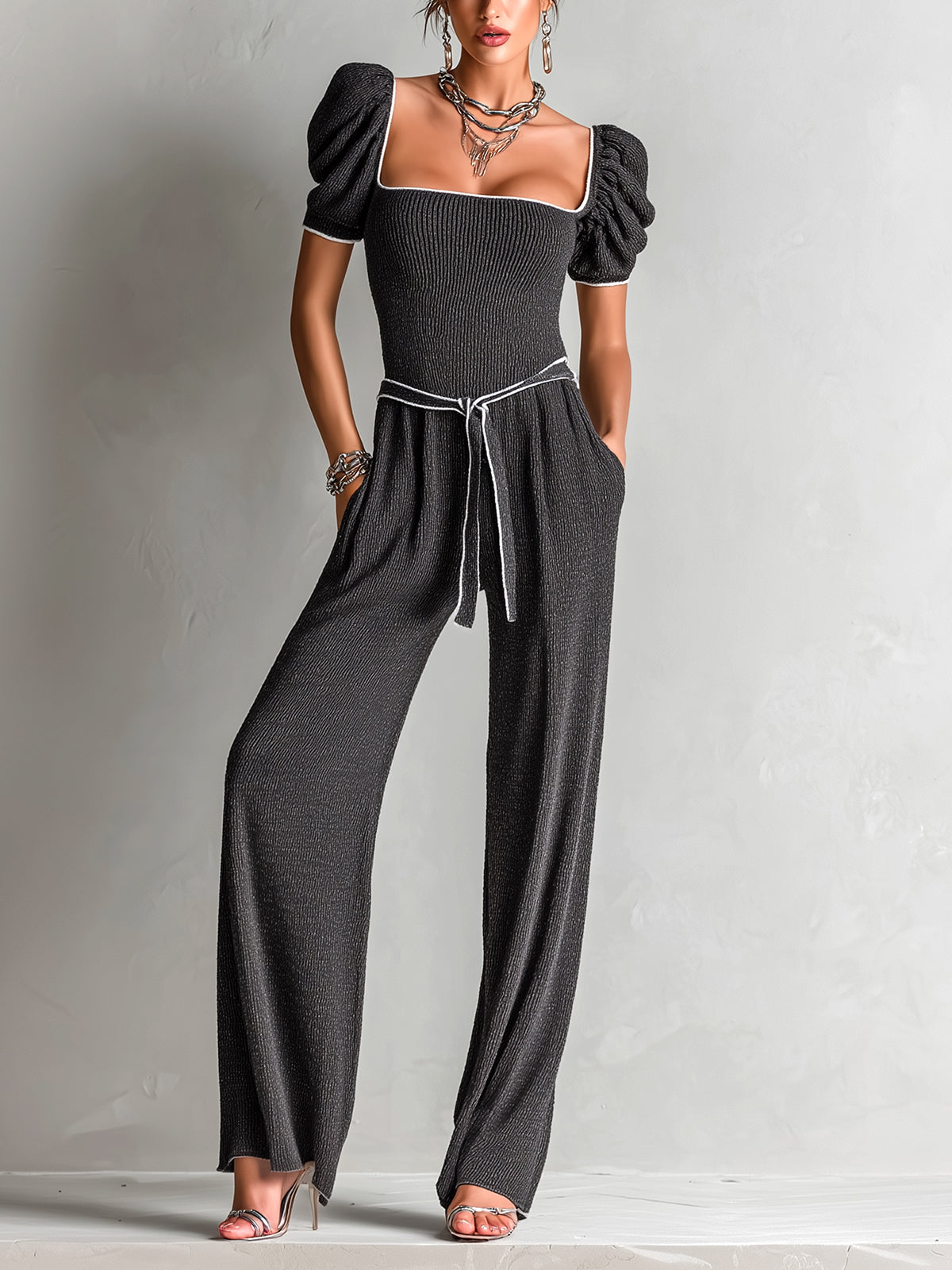 Chic Elegant Gray Square Neck Short Puff Sleeve Contrast Trim Detail Belted Wide Leg Ribbed Knit Jumpsuit