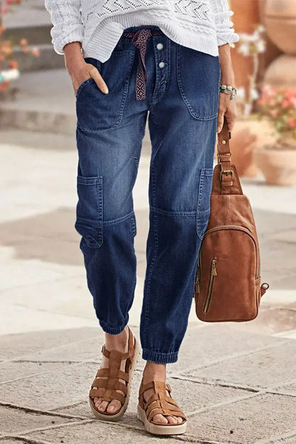 Multi Pocket Button Fly Mid Rise Straight Leg Crop Jeans Without Belt