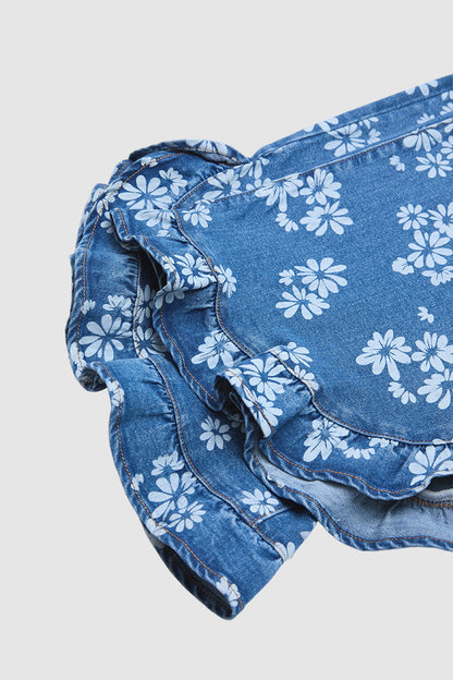 Wash Floral Print Ruffle Hem High Waist Wide Leg Jeans