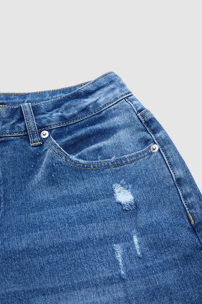 Wash Ripped Raw Hem Mid Rise Straight Leg Crop Jeans