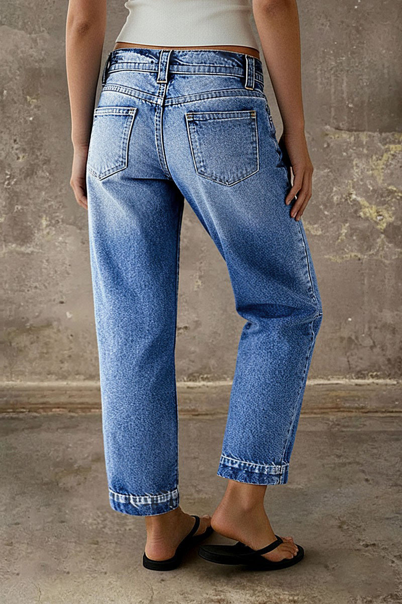Stitch Detail Mid Waist Straight Leg Crop Jeans