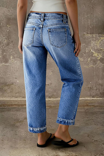 Stitch Detail Mid Waist Straight Leg Crop Jeans