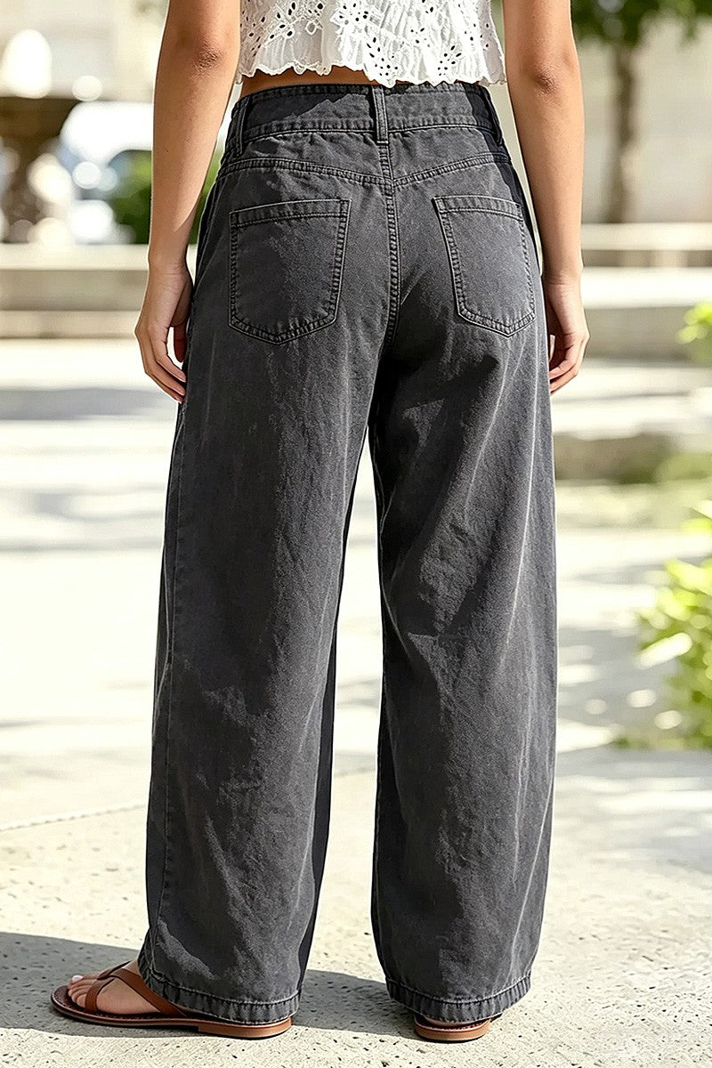 Solid Stitch Detail Pleated Barrel Leg Mid Waist Pants