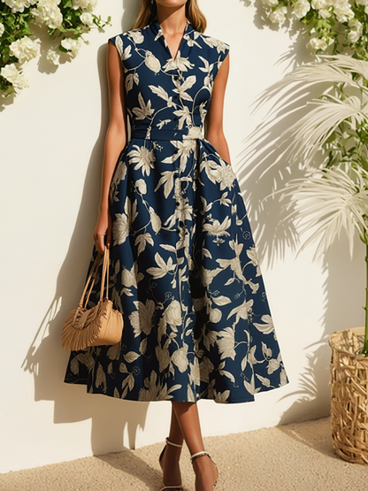 Robe midi en lin, Manches courtes, Col en V, Fleurie, Boutons décoratifs, Vintage, Bleu foncé