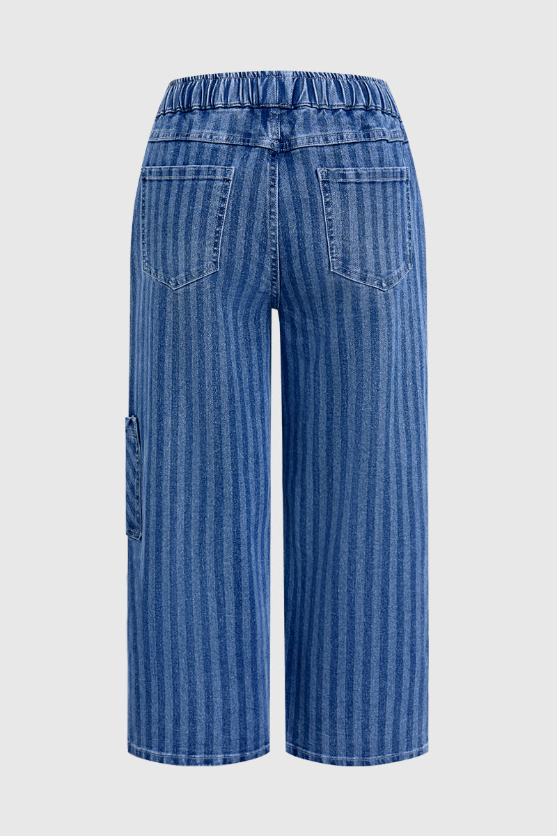 Striped Patch Pocket Drawstring Mid Rise Straight Leg Crop Jeans