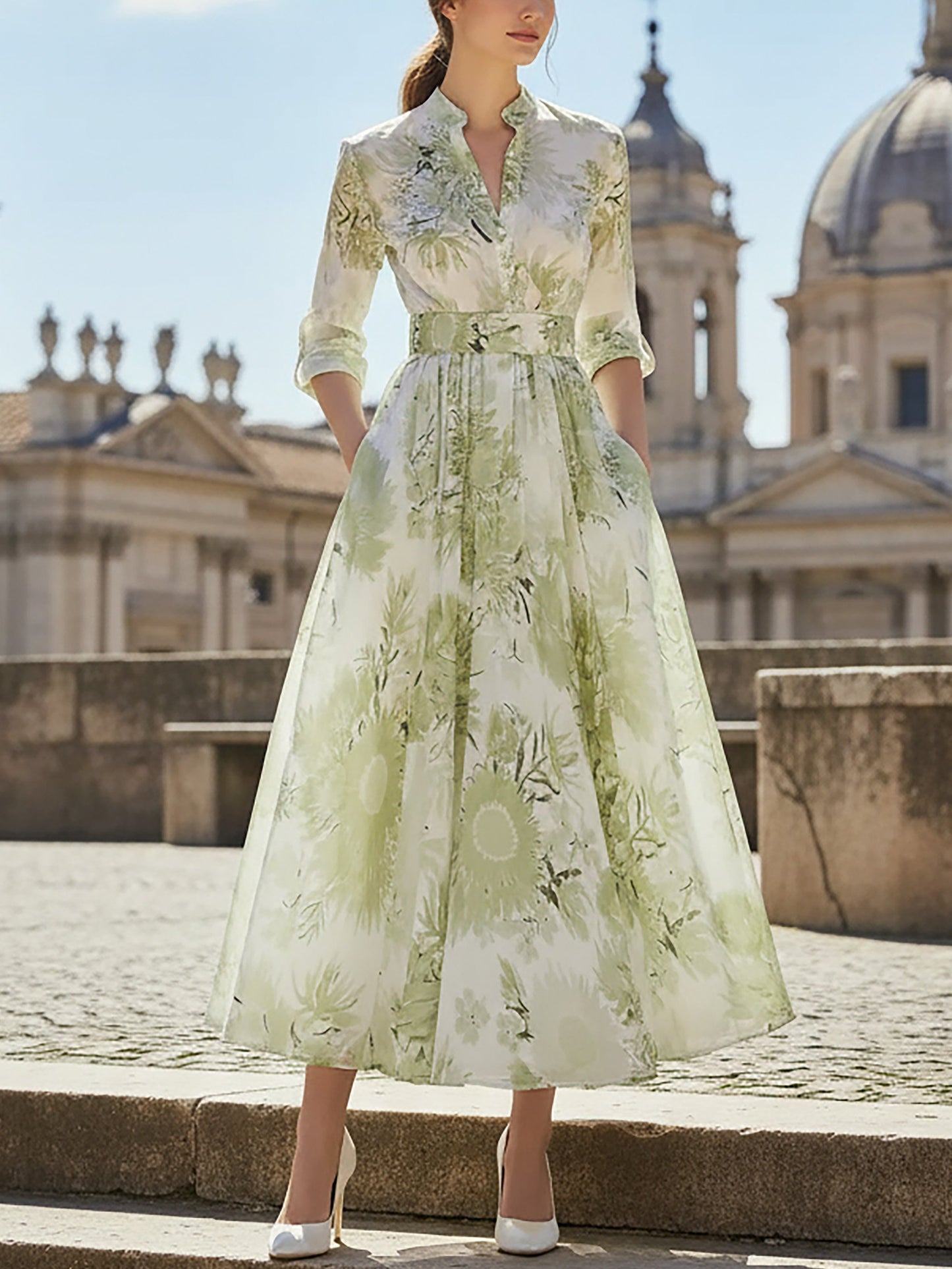 Robe longue en lin, Manches courtes, Col montant, Imprimé floral, Vacances, Vintage, Vert clair