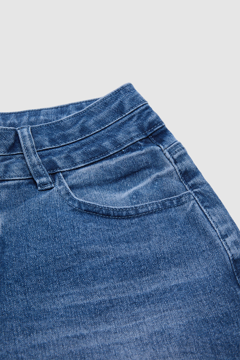 Wash Split Raw Hem Flap Pocket Mid Rise Denim Shorts