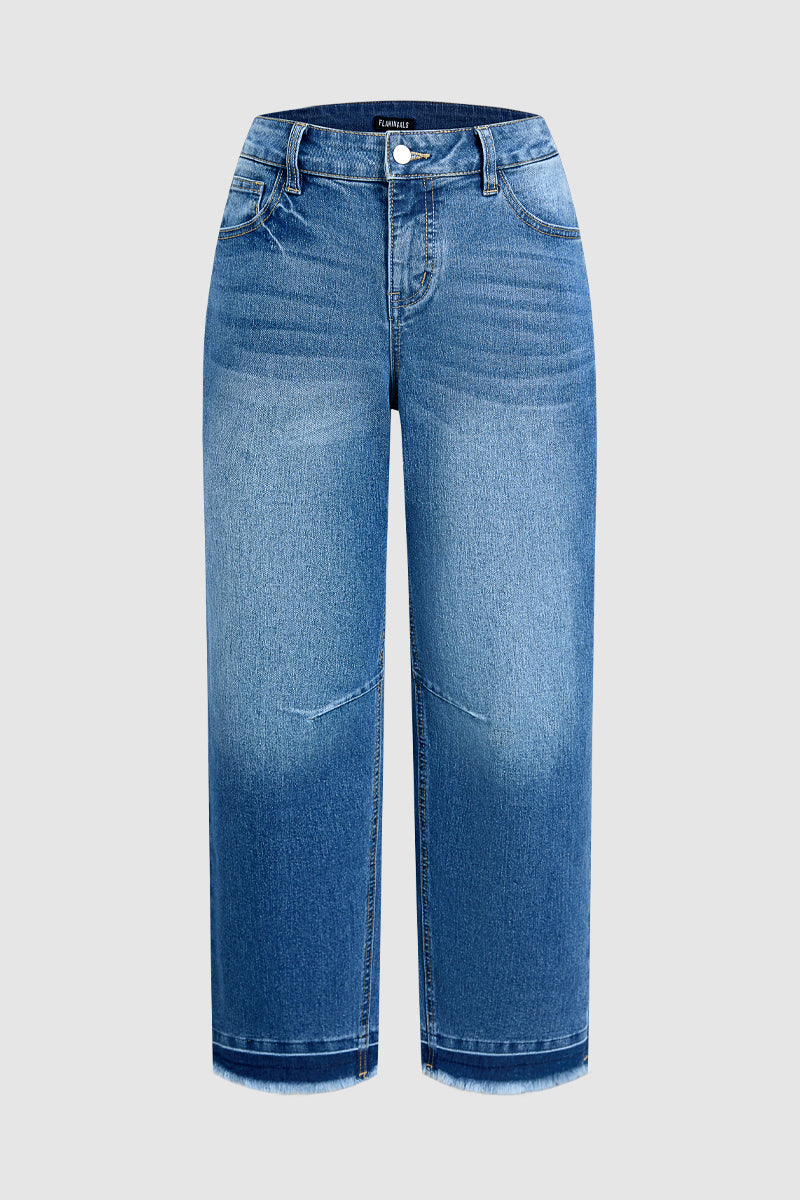 Wash Raw Hem Mid Waist Straight Leg Crop Jeans Without Belt