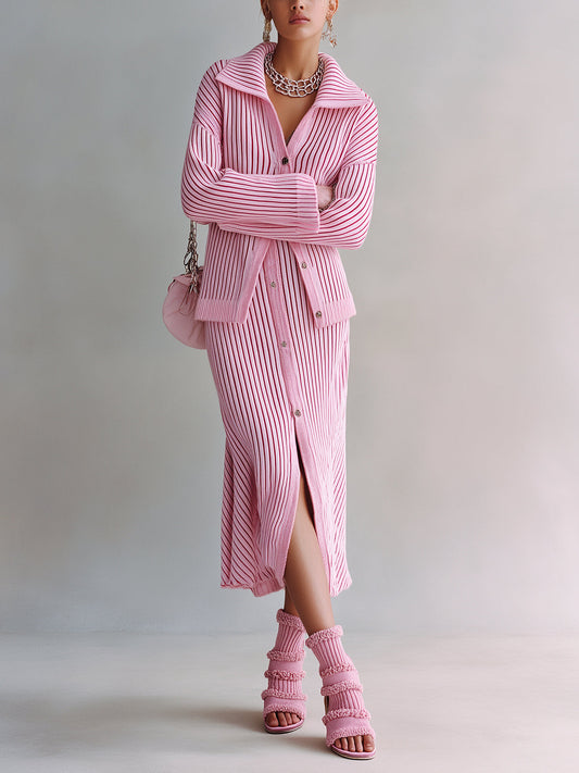 Chic Elegant Pink Lapel Collar Long Sleeve Single-Breasted Loose-Fit Cardigan Bodycon Midi Skirt Ribbed Knit Two-Piece Set