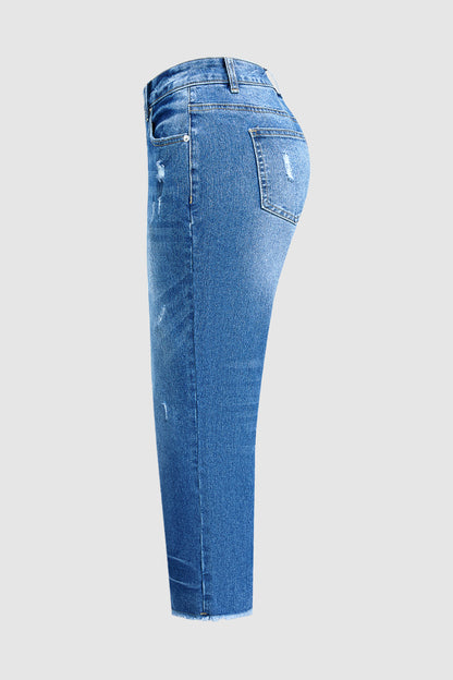 Wash Ripped Raw Hem Mid Rise Straight Leg Crop Jeans