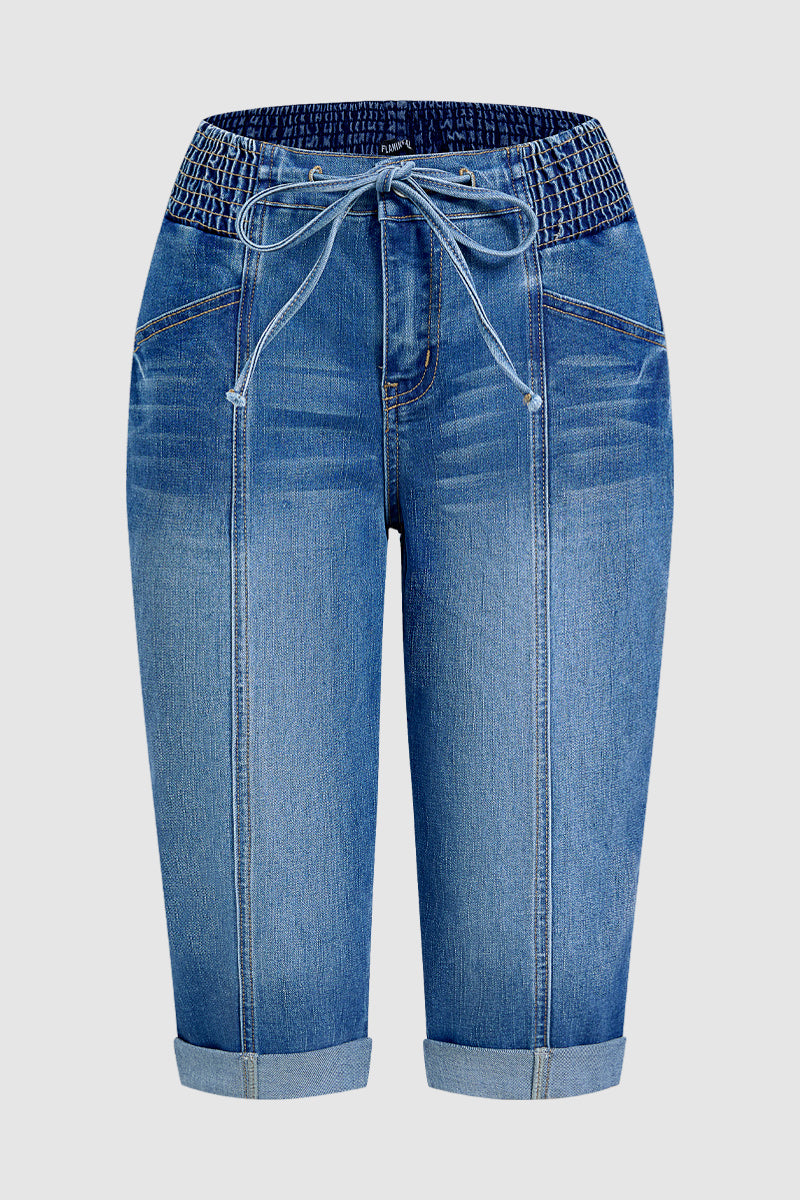 Drawstring Roll Hem Shirred Mid Waist Skinny Capri Jeans