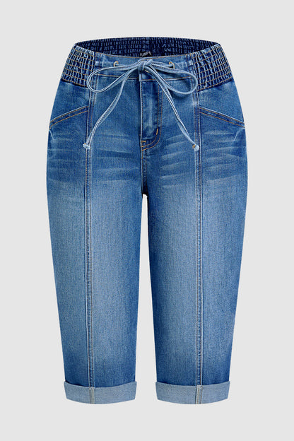 Drawstring Roll Hem Shirred Mid Waist Skinny Capri Jeans