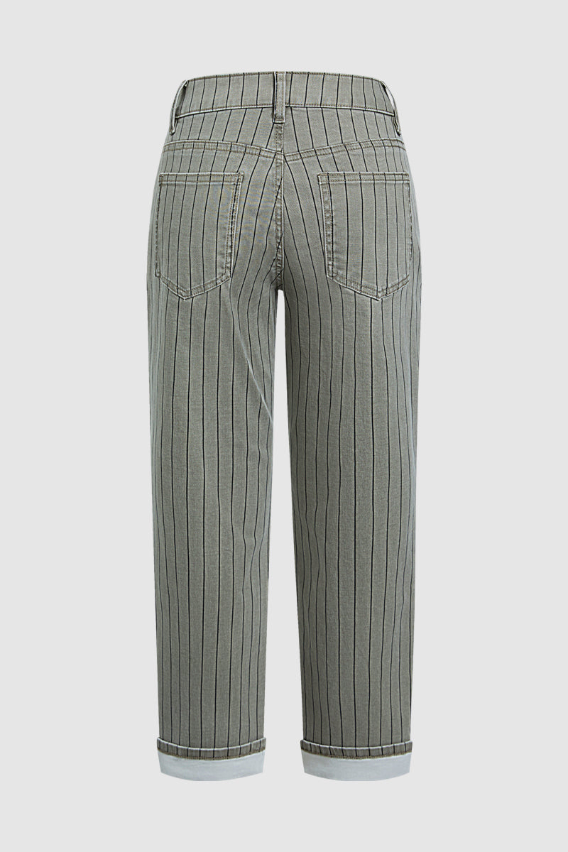 Pinstriped Roll Hem High Waist Straight Leg Cropped Pants Without Belt