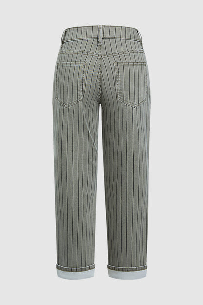 Pinstriped Roll Hem High Waist Straight Leg Cropped Pants Without Belt