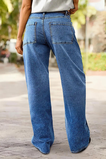 Wash Embroidery Mid Waist Straight Leg Jeans Without Belt