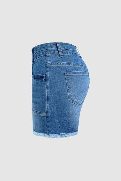 Wash Raw Hem Patched Pocket High Waist Denim Mid Thigh Shorts
