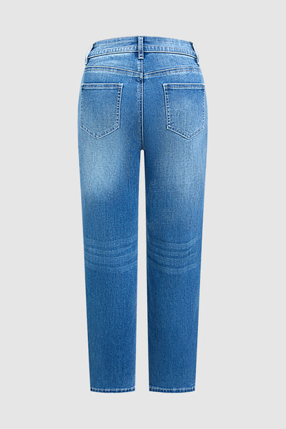 Wash Stitch Detail Mid Waist Straight Leg Jeans