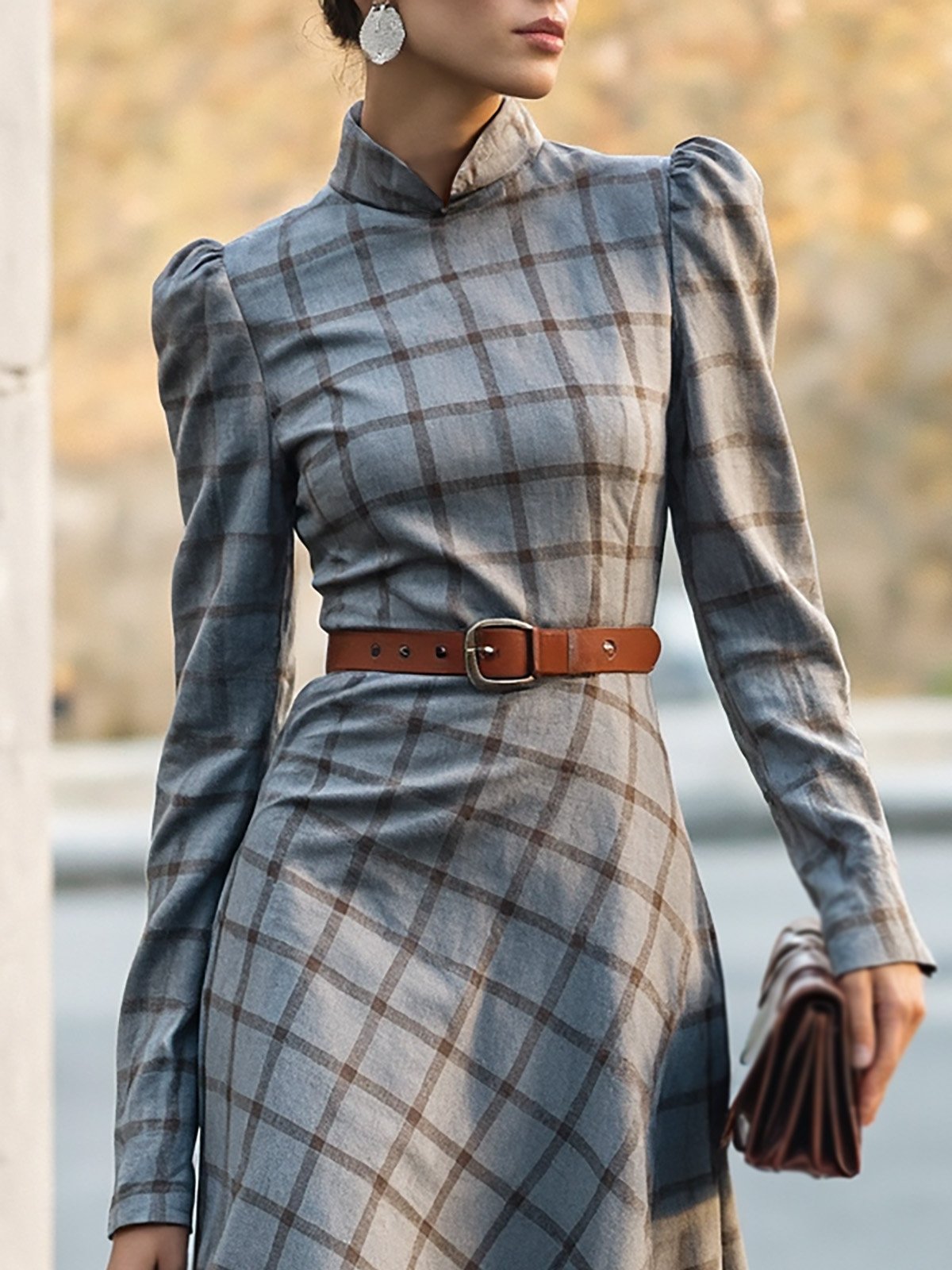 Robe midi en lin, manches longues, col montant, à carreaux, ceinture, vintage, gris
