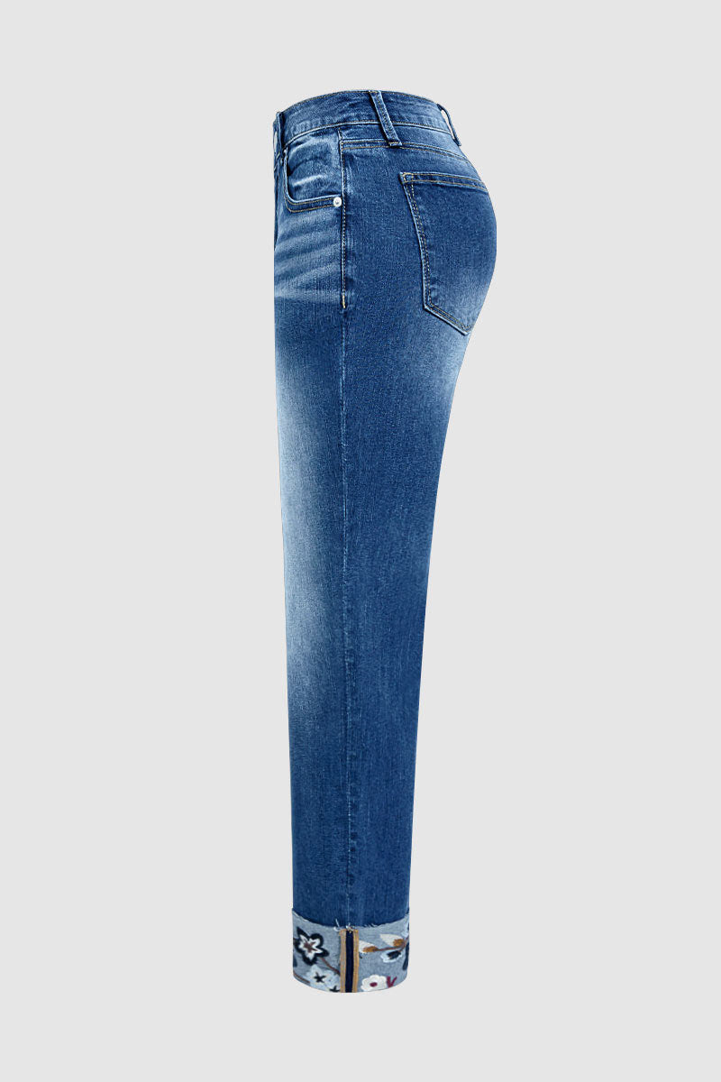 Roll Hem Floral Embroidery Mid Waist Straight Leg Crop Jeans
