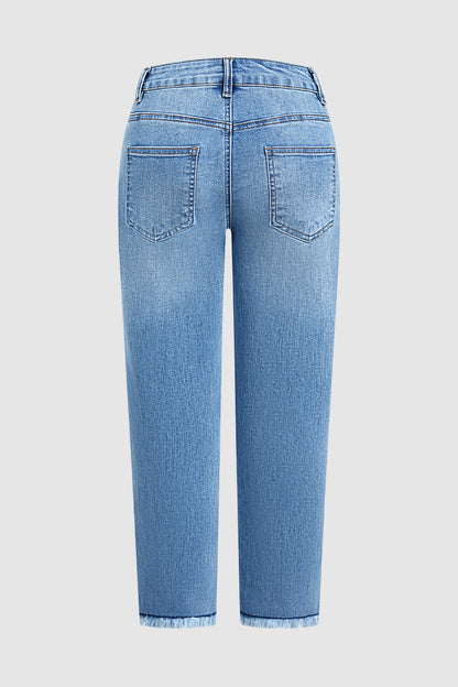 Wash Ripped Raw Hem Mid Rise Straight Leg Crop Jeans