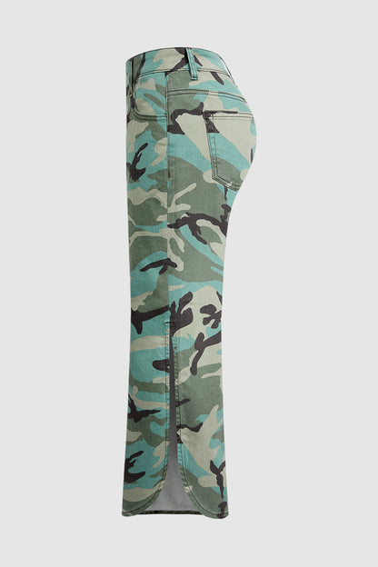 Camo Pattern Split Mid Waist Wide Leg Crop Pants Without Belt