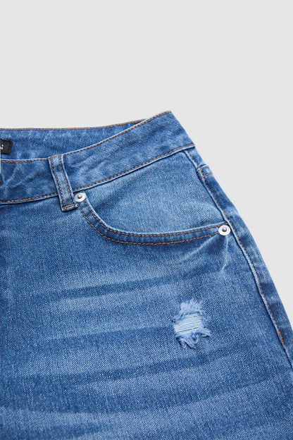 Wash Ripped Raw Hem Mid Rise Straight Leg Crop Jeans Without Belt