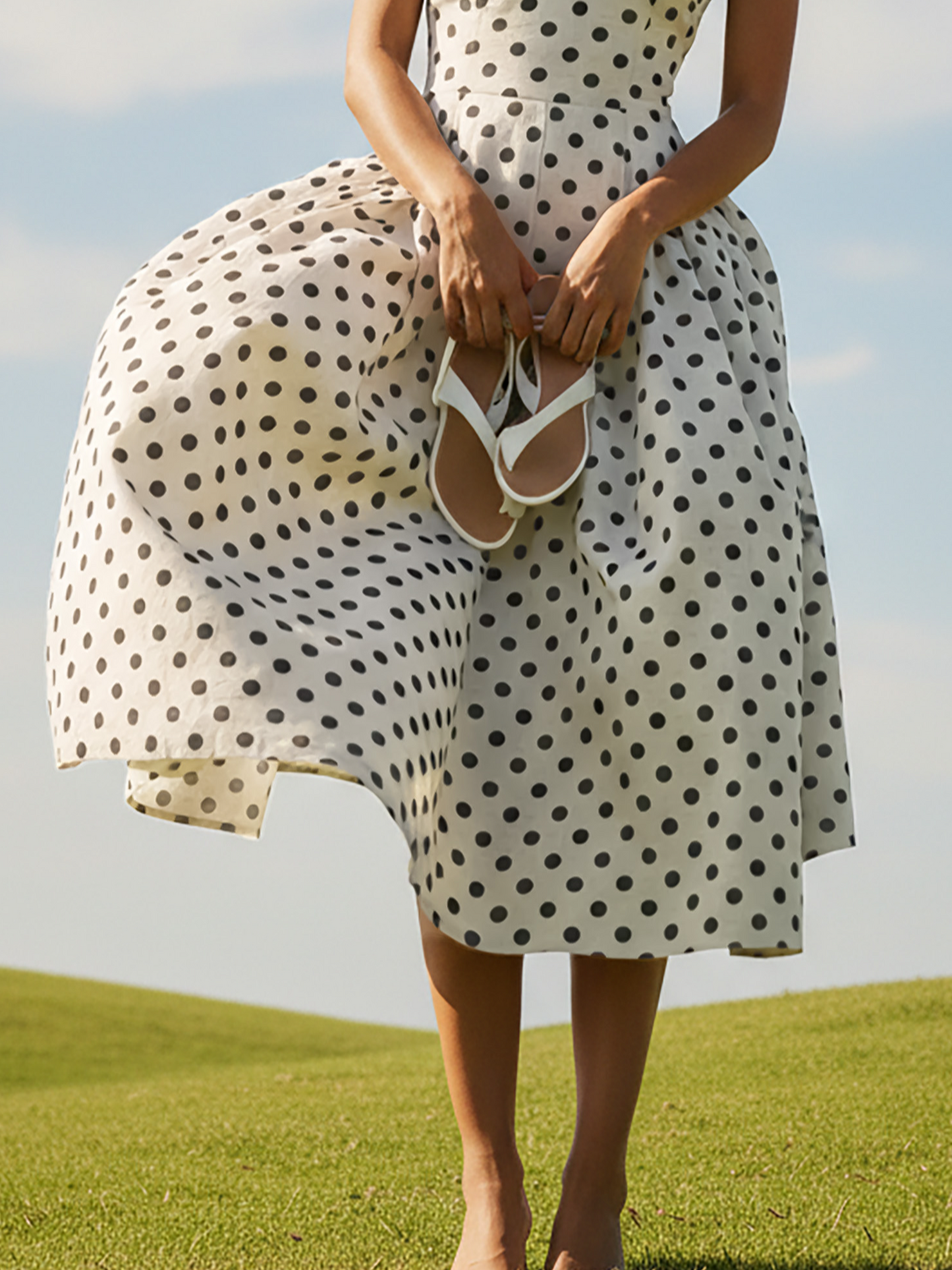 Robe midi en lin, sans manches, col en V, à pois, style vintage français, blanche