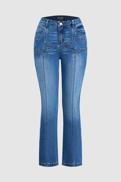 Wash Star Pattern Stitch Detail Mid Waist Bootcut Jeans Without Belt