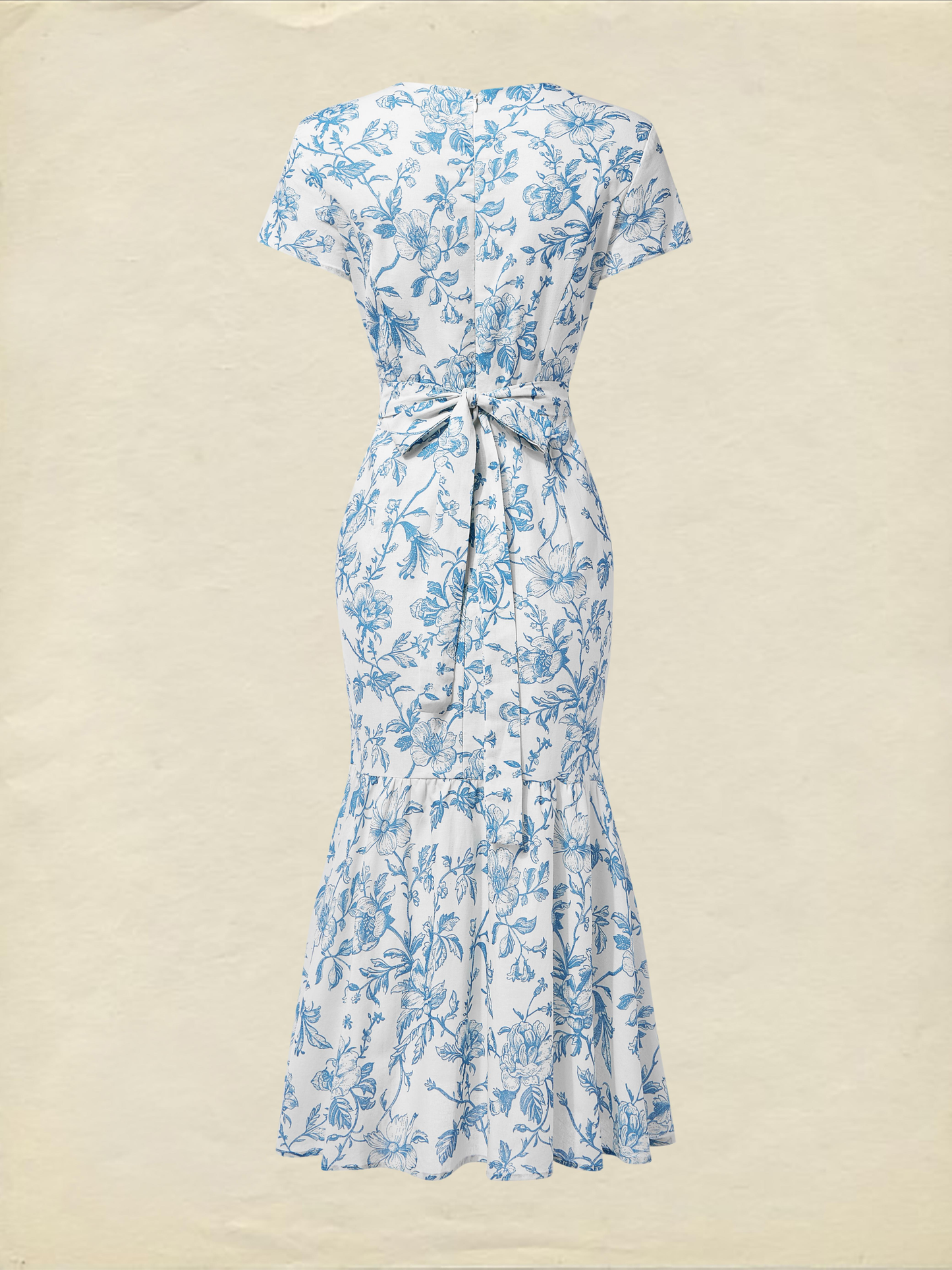 Robe midi en lin, manches courtes, encolure cœur, florale, volants, vintage, bleue