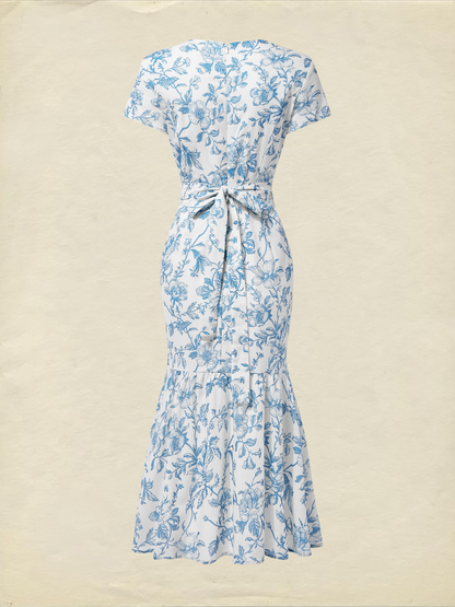 Robe midi en lin, manches courtes, encolure cœur, florale, volants, vintage, bleue