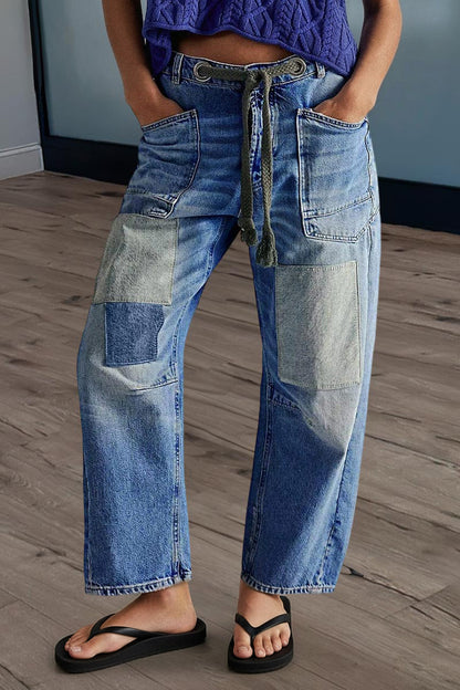 Drawstring Patch Pocket Mid Waist Barrel Leg Jeans