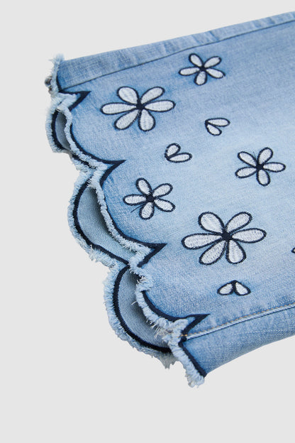 Floral Embroidery Scallop Trim Mid Rise Denim Bermuda Shorts