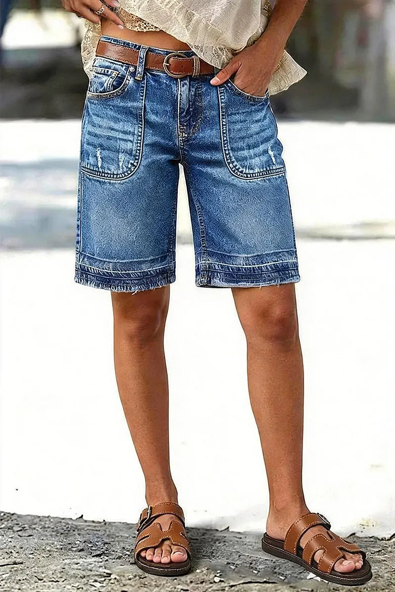 Wash Ripped Mid Waist Denim Bermuda Shorts Without Belt