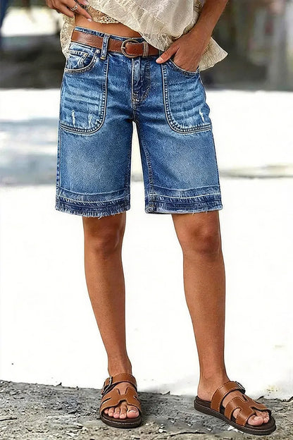 Wash Ripped Mid Waist Denim Bermuda Shorts Without Belt