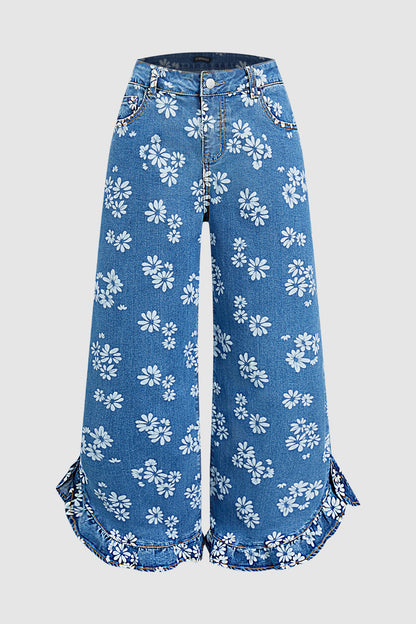 Wash Floral Print Ruffle Hem High Waist Wide Leg Jeans