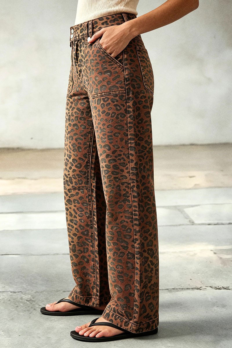 Leopard Print Patch Pocket High Waist Straight Leg Pants