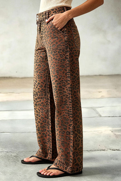 Leopard Print Patch Pocket High Waist Straight Leg Pants