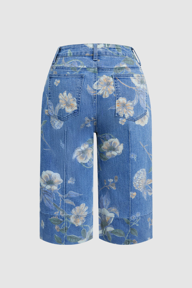 Floral Print Seam Front Mid Waist Denim Bermuda Shorts