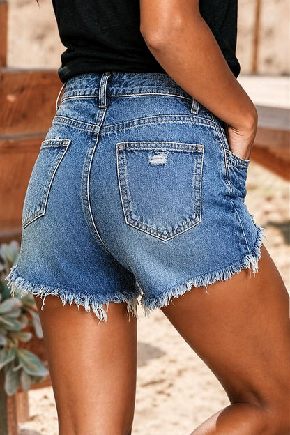 Wash Raw Hem Ripped Mid Waist Denim Shorts