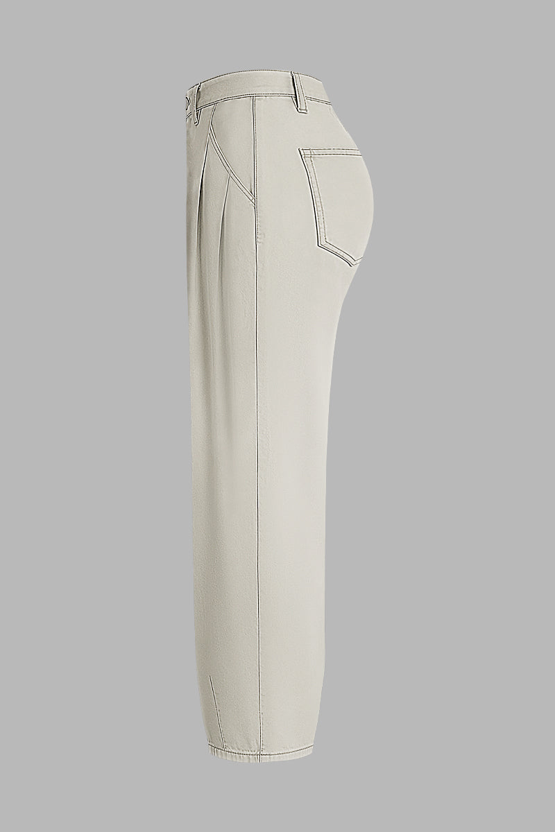 Solid Pleated Mid Rise Barrel Leg Pants Without Belt