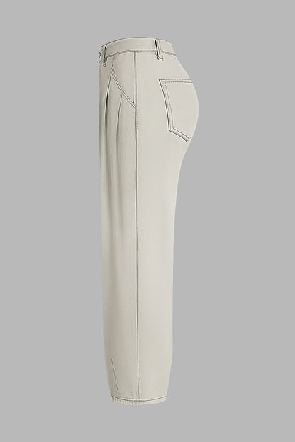 Solid Pleated Mid Rise Barrel Leg Pants Without Belt