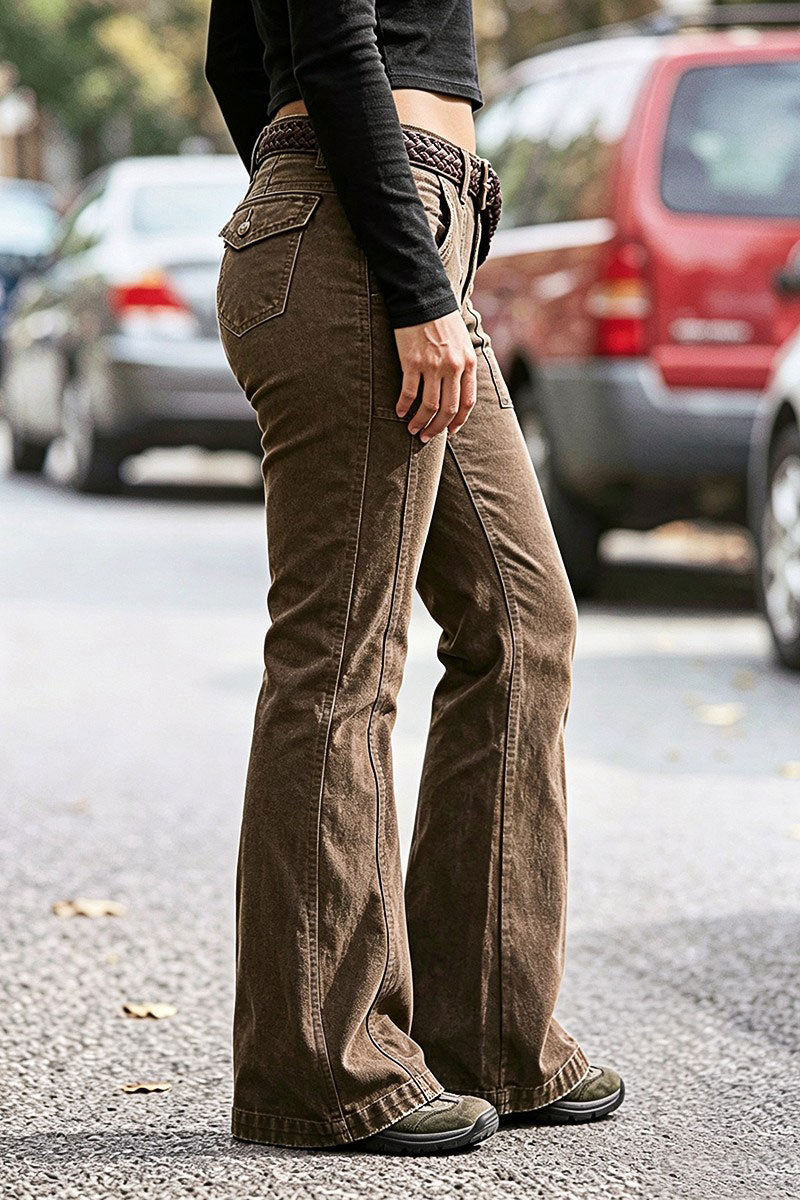 Flap Pocket Stitch Detail Mid Waist Flared Pants Without Belt