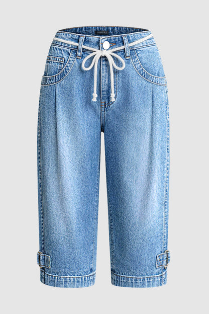 Wash Drawstring Adjustable Pleated High Waist Straight Leg Capri Jeans