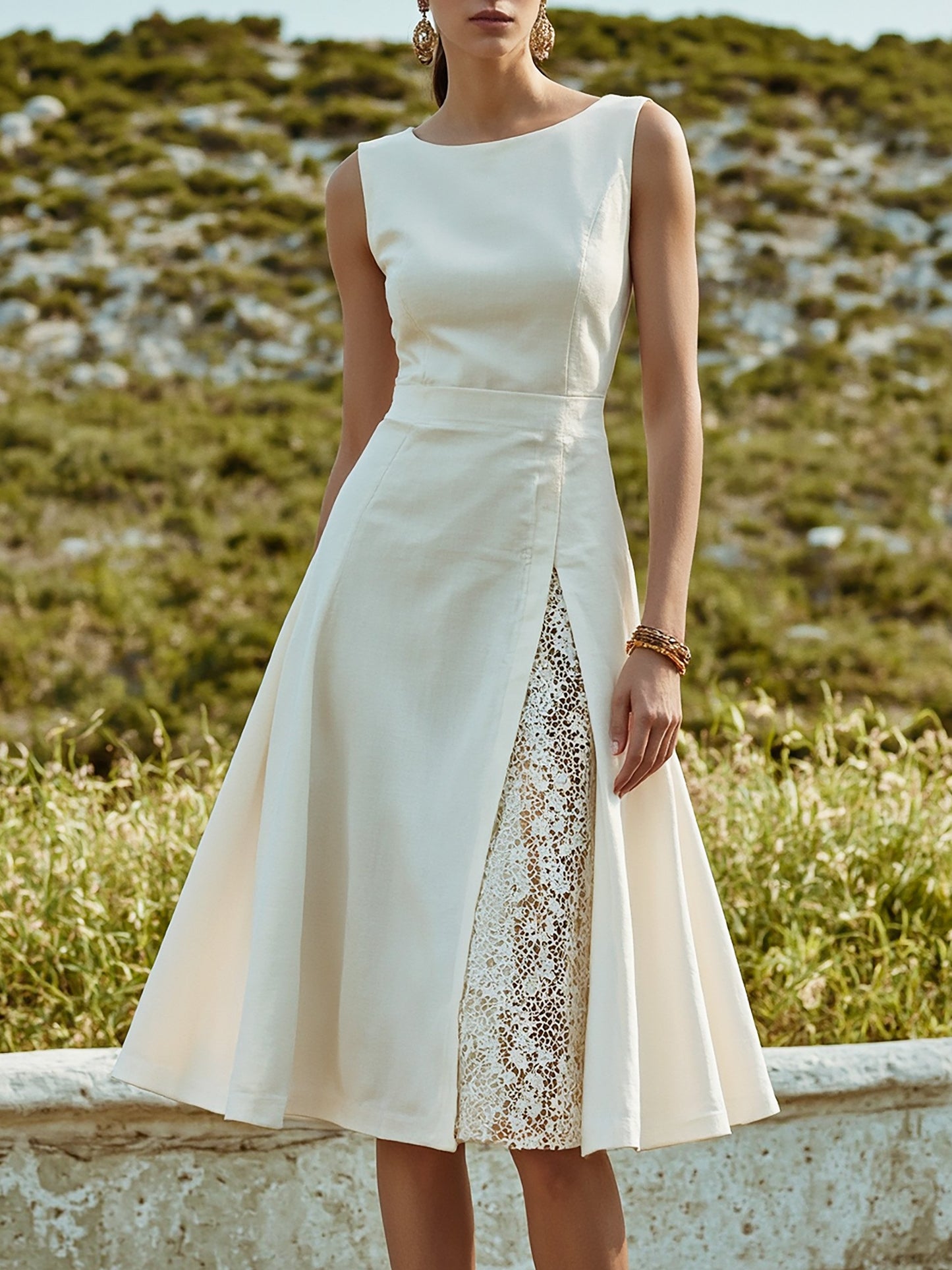 Robe midi en lin, sans manches, col rond, unie, dentelle, style vintage français, blanche