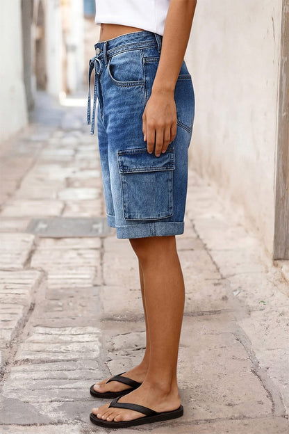 Wash Flap Pocket Roll Hem Belted High Rise Denim Bermuda Shorts